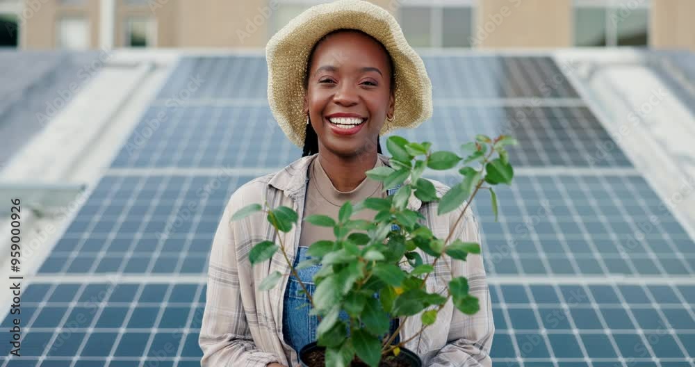 Happy, black woman and farmer with plant or solar panel for eco friendly and sustainable future in city. Portrait, young African or female person with renewable energy for natural growth in Jamaica
