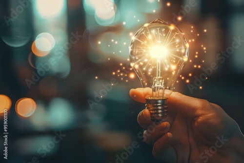 Illuminated light bulb held in hand, symbolizing ideas, creativity, and inspiration against a blurred, colorful background.