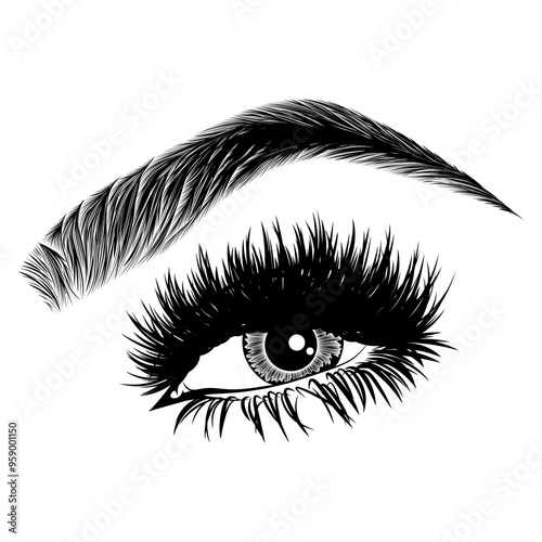 Illustration with woman's eye, eyelashes and eyebrow. Makeup Look. Tattoo design. Logo for brow bar or lash salon.