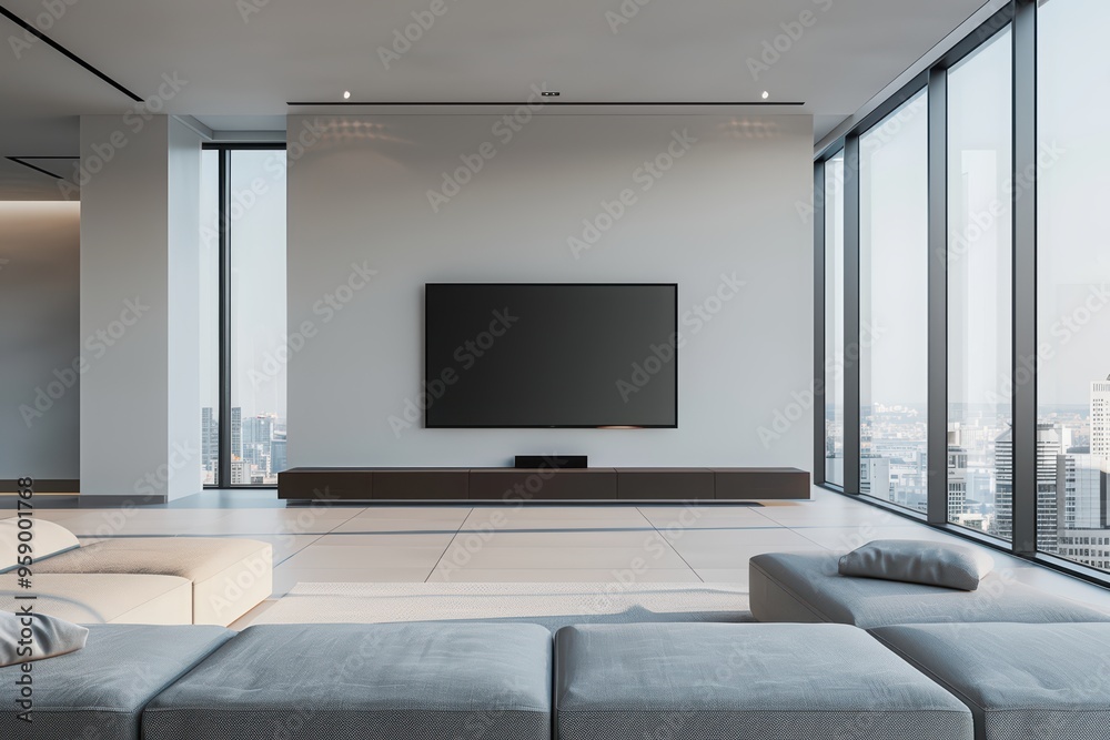 Modern living room with sleek furniture and large windows, featuring a flat-screen TV and panoramic city view. Modern living room with sleek furniture and large windows, featuring a flat-screen TV and panoramic city view.