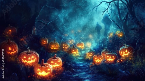 Enchanted Forest Trail at Night with Glowing Pumpkins and Ghostly Figures Amidst the Fog