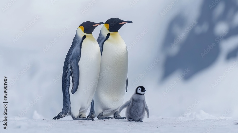 Fototapeta premium Emperor Penguins Waddling Together with Chicks in Antarctica