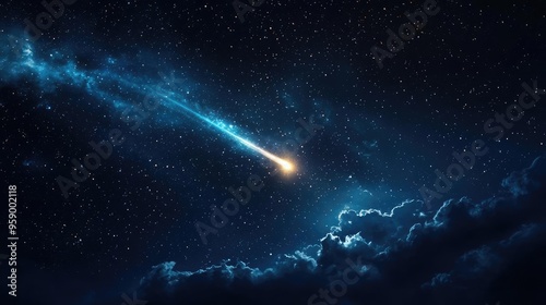 Stunning view of a comet glowing in the night sky, surrounded by stars and wispy clouds, creating a breathtaking cosmic scene.