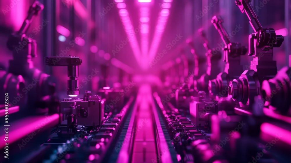 A futuristic, neon-lit corridor with a row of machinery on either side.