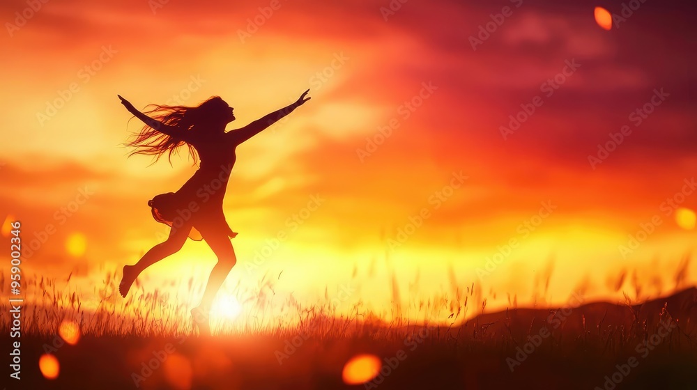 Silhouette of a joyful woman dancing against a vibrant sunset, reflecting freedom and happiness in a natural landscape. Silhouette of a joyful woman dancing against a vibrant sunset, reflecting freedom and happiness in a natural landscape.