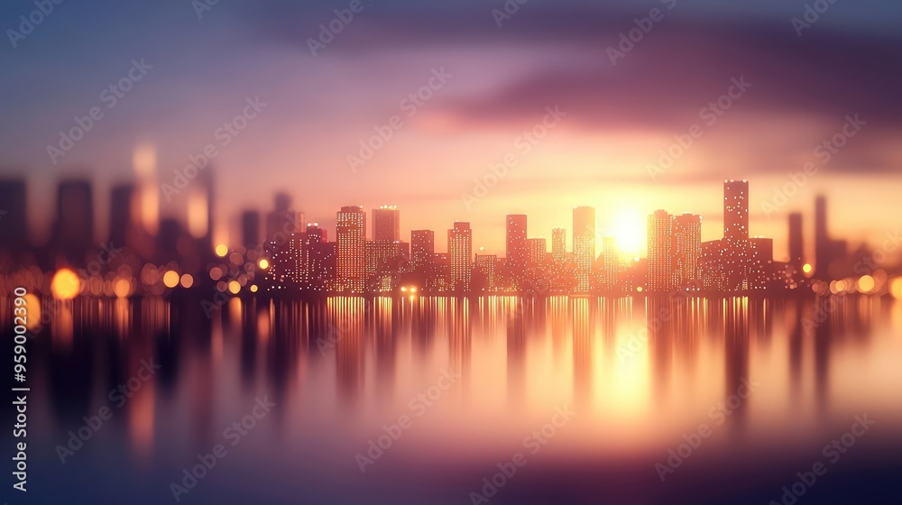 Blurry sunset over a city skyline, reflecting warm hues on water, creating a tranquil and dreamy atmosphere. Blurry sunset over a city skyline, reflecting warm hues on water, creating a tranquil and dreamy atmosphere.