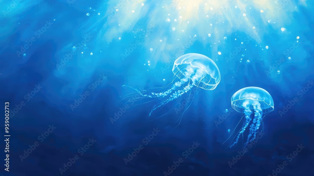 Naklejka premium Graceful jellyfish drifting through calm, illuminated waters, creating a serene underwater atmosphere full of beauty.
