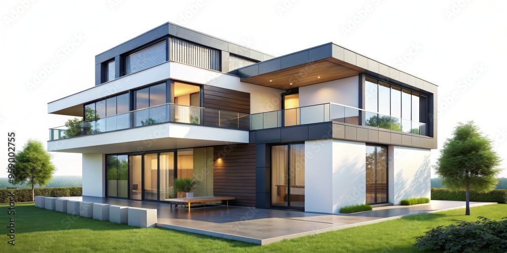 Fototapeta premium Modern Minimalist Home Design, 3D Render, White, Black, Wooden Accents, Exterior, Patio