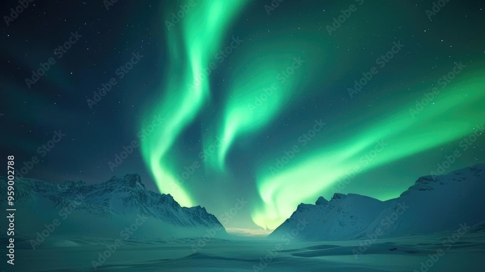 Naklejka premium Stunning display of the aurora borealis illuminating the night sky over snowy mountains, creating a breathtaking winter landscape.