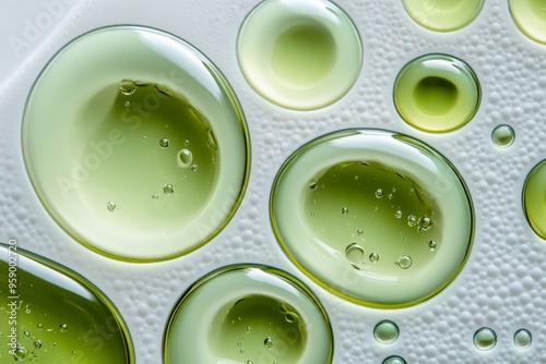 Abstract Green Oil Bubbles on White Surface: Modern Trend in Minimalist Organic Photography