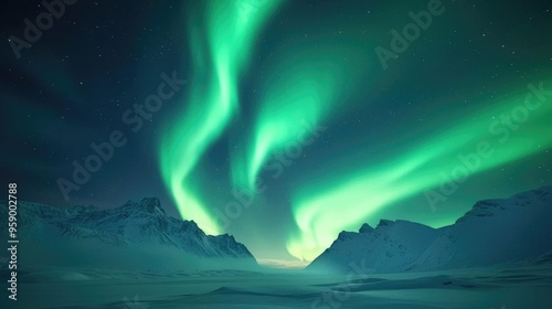 Stunning display of the aurora borealis illuminating the night sky over snowy mountains, creating a breathtaking winter landscape.