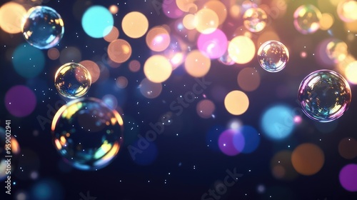 A stunning display of bubbles floating amidst vibrant light bokeh, creating a magical and dreamy atmosphere for creative projects.