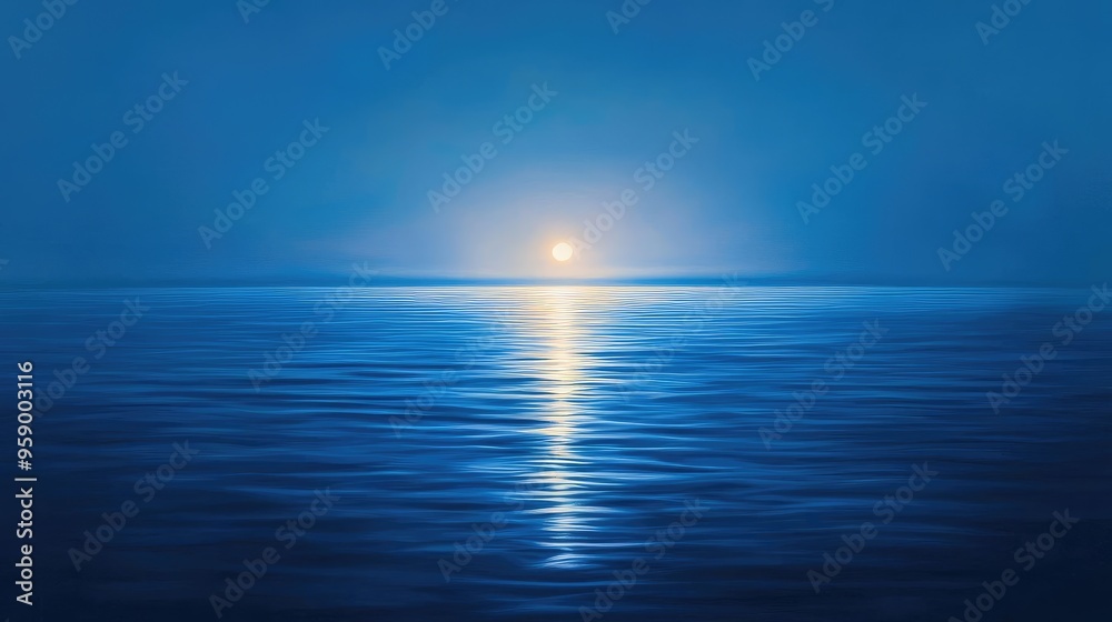 Obraz premium A serene blue seascape at dusk, showcasing tranquil waters reflecting a glowing sunset that creates a peaceful atmosphere.