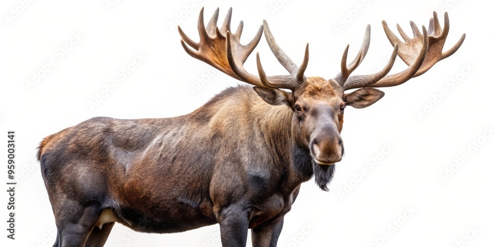 Moose with Majestic Antlers Against White Background, Wildlife, Antler, Mammal, Moose, Antlered Moose with Majestic Antlers Against White Background, Wildlife, Antler, Mammal, Moose, Antlered
