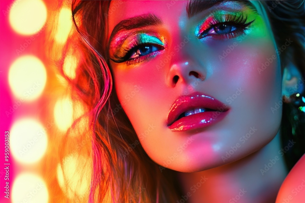 A woman with colorful makeup on her face is standing in front of a neon light, generative ai image A woman with colorful makeup on her face is standing in front of a neon light, generative ai image