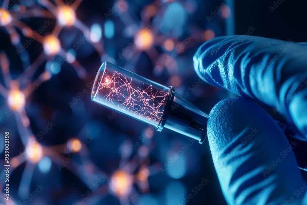 A gloved hand holds a vial containing a glowing neural network.  The image represents research and innovation in the field of neuroscience.