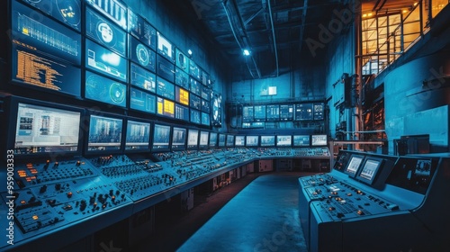 Wallpaper Mural Control Room with Rows of Monitors and Consoles Torontodigital.ca