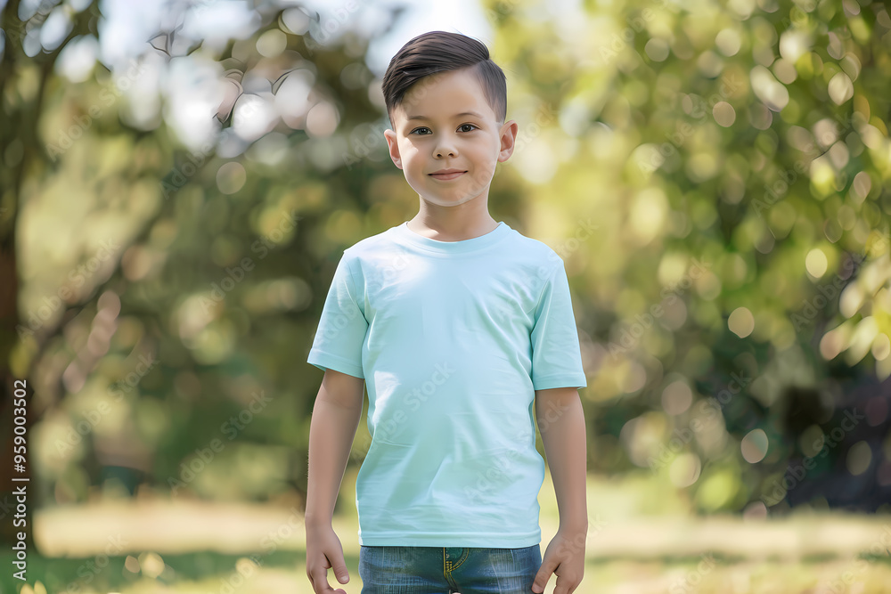 Young Asian boy stands confidently in a sunny outdoor setting, wearing a light blue shirt and jeans, surrounded by vibrant greenery. Young Asian boy stands confidently in a sunny outdoor setting, wearing a light blue shirt and jeans, surrounded by vibrant greenery.