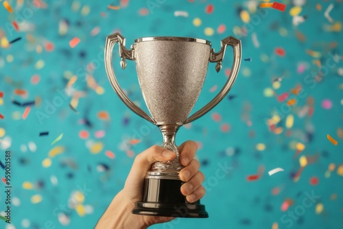 Celebratory Hand Holding a Sparkling Trophy Cup with Confetti Background photo