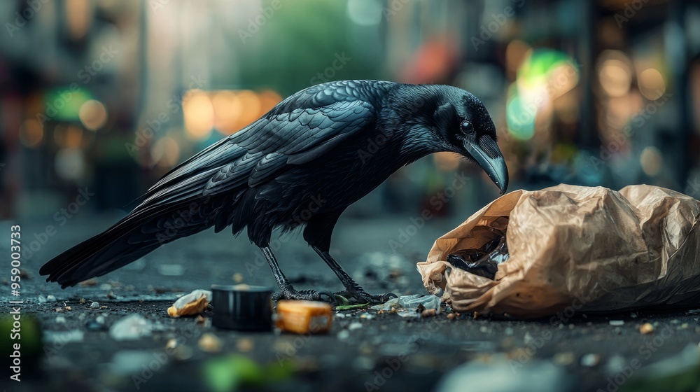 Fototapeta premium Crow scavenging for food in a ripped trash bag amidst the bustle of a city alley, a stark image of urban survival