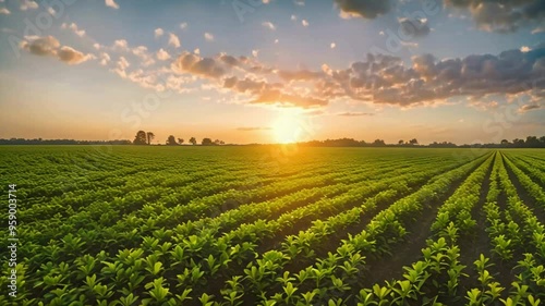 Organic growing crops on defocused bokkeh background with morning sun shinung over agricultural field, loop animation video photo