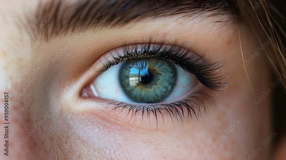 Extreme close-up of human eye with vibrant blue-green iris and visible eyelashes, copy space Extreme close-up of human eye with vibrant blue-green iris and visible eyelashes, copy space