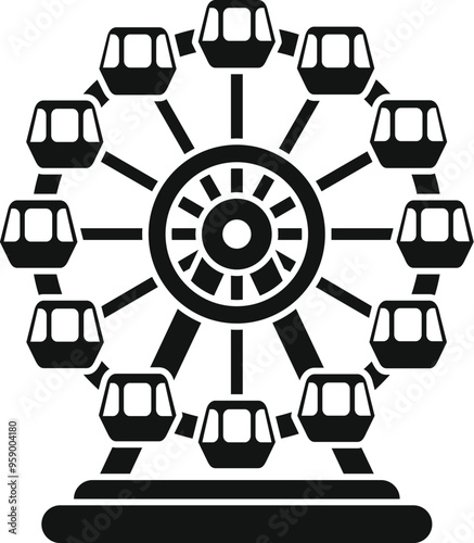 This black and white vector illustration depicts a ferris wheel, a classic amusement park attraction