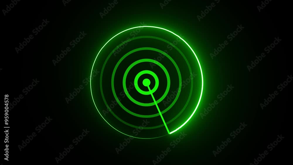 Searching radar screen by radio waves, technology radio waves signal icon animation. Green color Neon light searching radar screen on black background.
