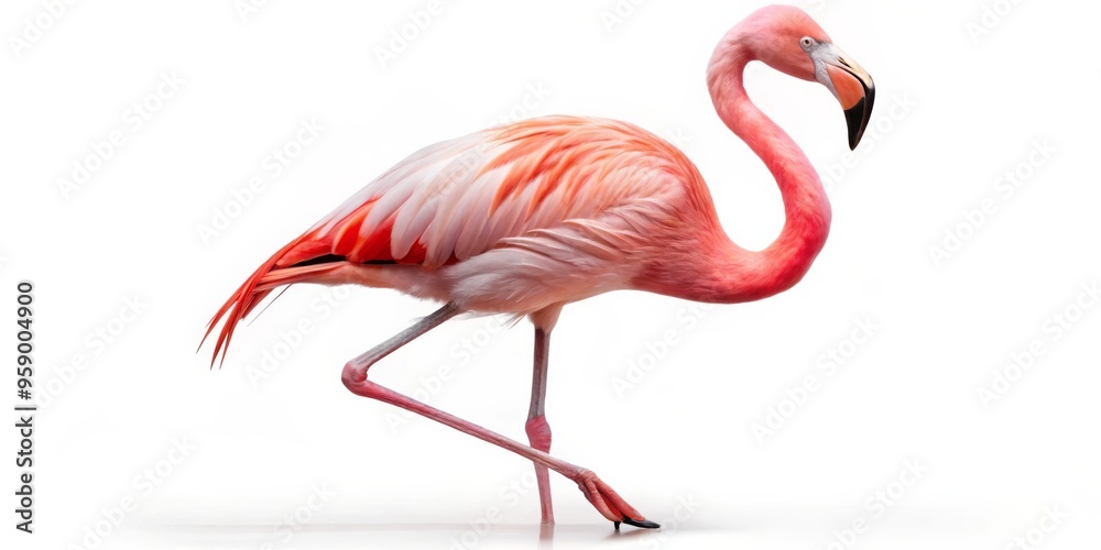 Fototapeta premium Pink Flamingo Posing on White Background, bird, nature, tropical