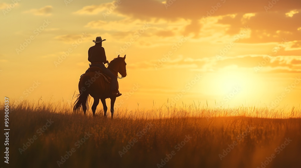 Evocative silhouette of cowboy riding horse across grassy field during golden sunset, copy space Evocative silhouette of cowboy riding horse across grassy field during golden sunset, copy space
