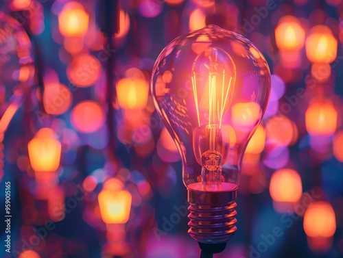 A glowing light bulb in focus, surrounded by a bokeh of out-of-focus lights, creating a warm and inviting atmosphere.