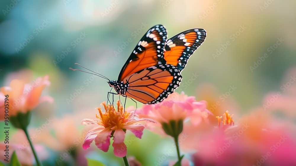 Vibrant orange monarch butterfly perched on pink zinnia flower in colorful summer garden, copy space Vibrant orange monarch butterfly perched on pink zinnia flower in colorful summer garden, copy space