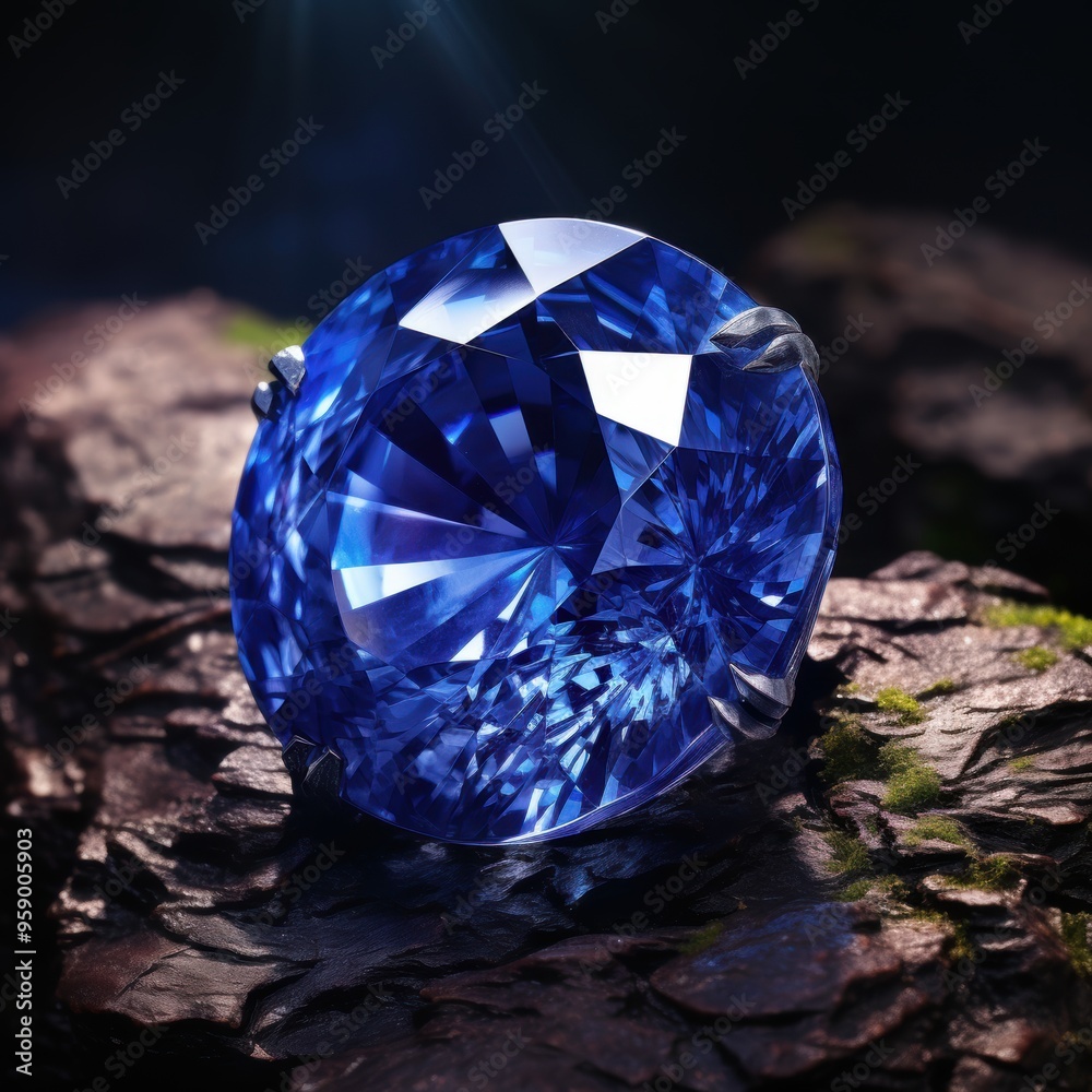 A beautiful blue sapphire diamond is elegantly sitting on top of a rock. the gemstone shimmers A beautiful blue sapphire diamond is elegantly sitting on top of a rock. the gemstone shimmers