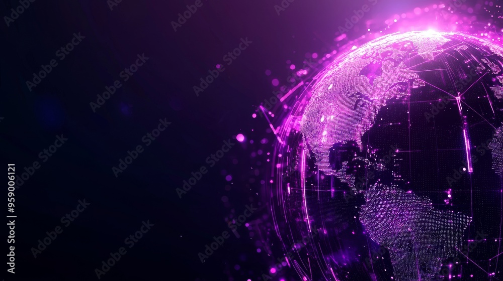 A glowing purple Earth, composed of digital particles, against a dark background. The image suggests technology, connection, and global reach. A glowing purple Earth, composed of digital particles, against a dark background. The image suggests technology, connection, and global reach.