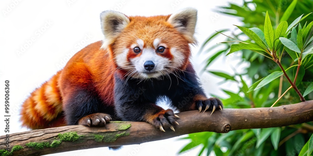 Obraz premium Red Panda Perched on Branch, Full Body, Closeup, Wildlife, Animal, Red Panda, Jungle