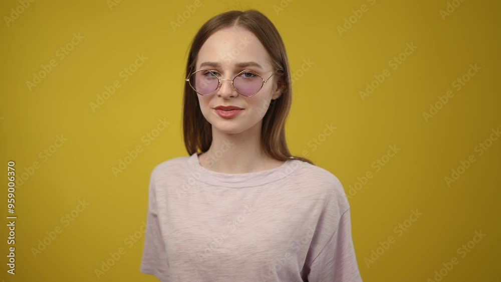 A fashionable and stylish young woman confidently adjusts her sunglasses against a vibrant and cheerful yellow backdrop A fashionable and stylish young woman confidently adjusts her sunglasses against a vibrant and cheerful yellow backdrop