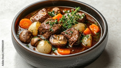 Beef Stew in a Black Bowl