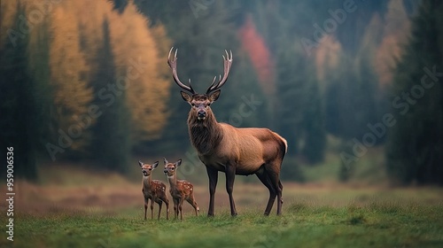 A proud male deer stands tall as others graze peacefully on grassy slopes, set against the beautiful backdrop of colorful autumn foliage