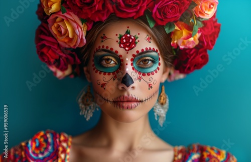 A young girl with detailed skeleton makeup for Mexico's Day of the Dead (El Dia de Muertos).