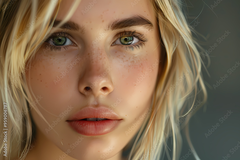 A close-up portrait of a young Caucasian woman with striking green eyes and blonde hair, showcasing a natural and fresh look. A close-up portrait of a young Caucasian woman with striking green eyes and blonde hair, showcasing a natural and fresh look.