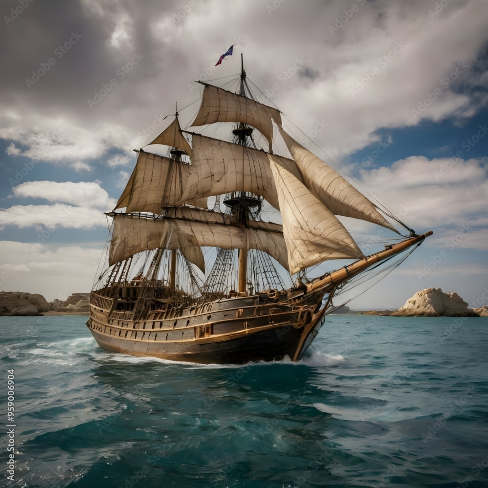 Tall Ship Sailing Through Stormy Seas Tall Ship Sailing Through Stormy Seas