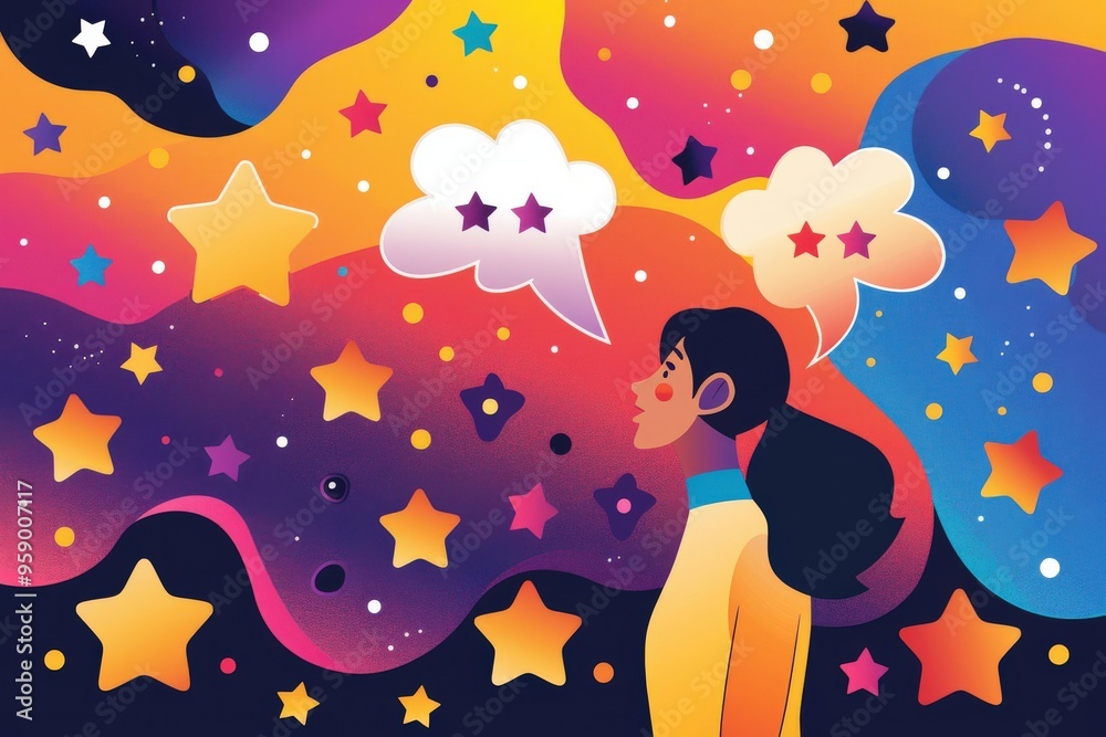 A woman is looking up at a starry sky with a thought bubble above her head, generative ai image A woman is looking up at a starry sky with a thought bubble above her head, generative ai image