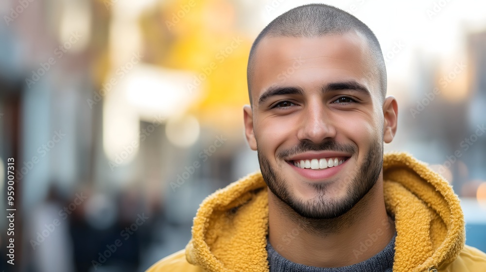 Close-up portrait of smiling young man with short hair, beard and yellow hoodie in urban setting, copy space Close-up portrait of smiling young man with short hair, beard and yellow hoodie in urban setting, copy space