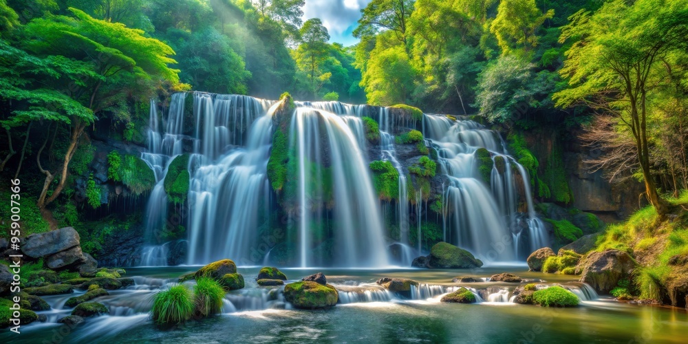 Serene Waterfall Cascading Through Lush Green Forest, Long Exposure, Mossy Rocks, Tranquil Nature, Waterfall, Forest, Nature Serene Waterfall Cascading Through Lush Green Forest, Long Exposure, Mossy Rocks, Tranquil Nature, Waterfall, Forest, Nature