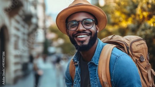 Smiling African American man with beard wearing hat and glasses, traveling in urban setting with backpack at sunset photo