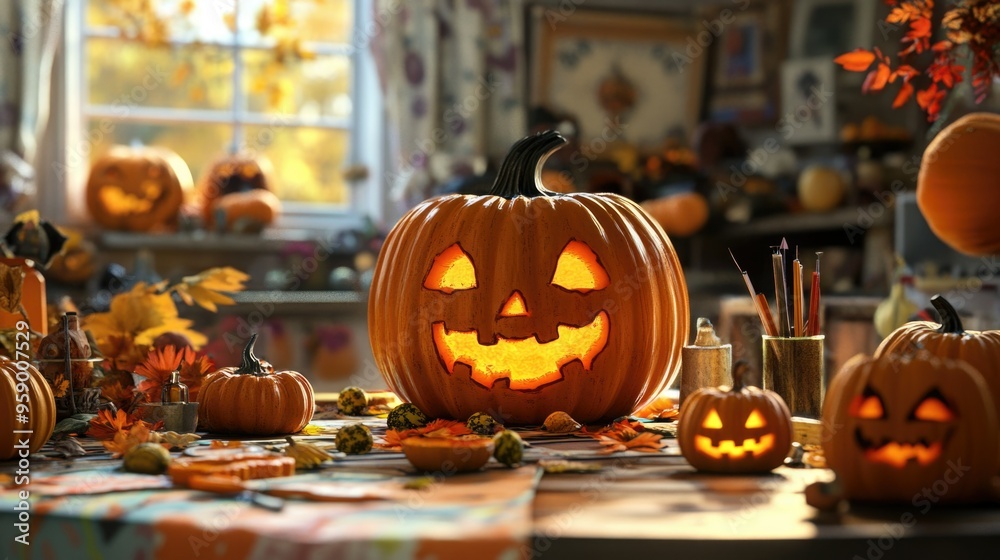 Obraz premium Pumpkin Carving Contest with Friends Laughing and Creating Unique Designs Under Dim Lights