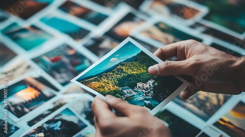 Hands holding vintage travel photograph of tropical beach scene among scattered photos on table