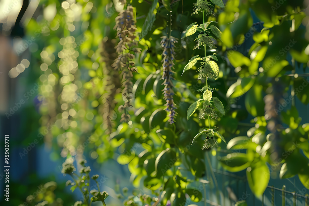 A lush display of green hanging plants and herbs, creating a serene atmosphere with dappled sunlight filtering through the leaves. A lush display of green hanging plants and herbs, creating a serene atmosphere with dappled sunlight filtering through the leaves.