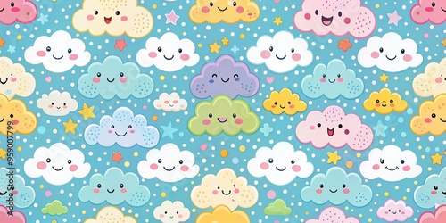 Smiling Clouds Seamless Pattern, Blue Background, White Dots, Cartoon Style, Cloud Pattern, Cute Clouds, Kids Pattern