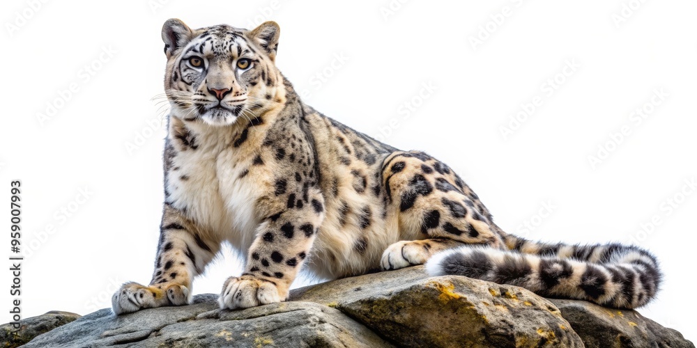 Snow Leopard Perched on a Rock, White Background, Close-Up, Wild Cat, Animal Portrait , snow leopard, wild cat Snow Leopard Perched on a Rock, White Background, Close-Up, Wild Cat, Animal Portrait , snow leopard, wild cat